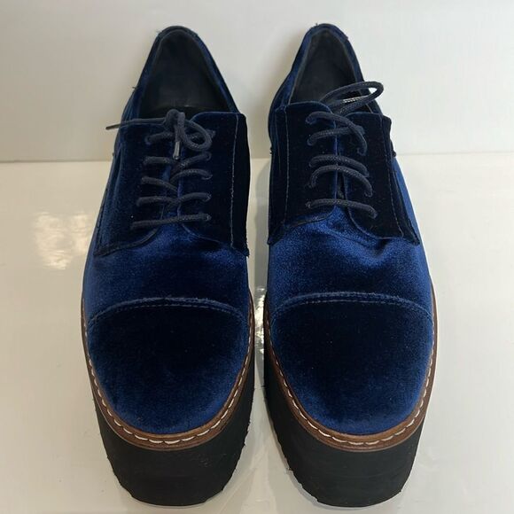 L’intervalle Blue Velvet Platform Wedge Lace Up Shoes Size 38 - Picture 2 of 16